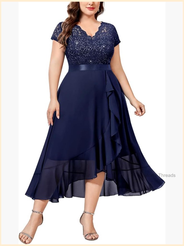 Plus Size Sequin Floral Lace V Neck Ruffle Hem Maxi Dress
